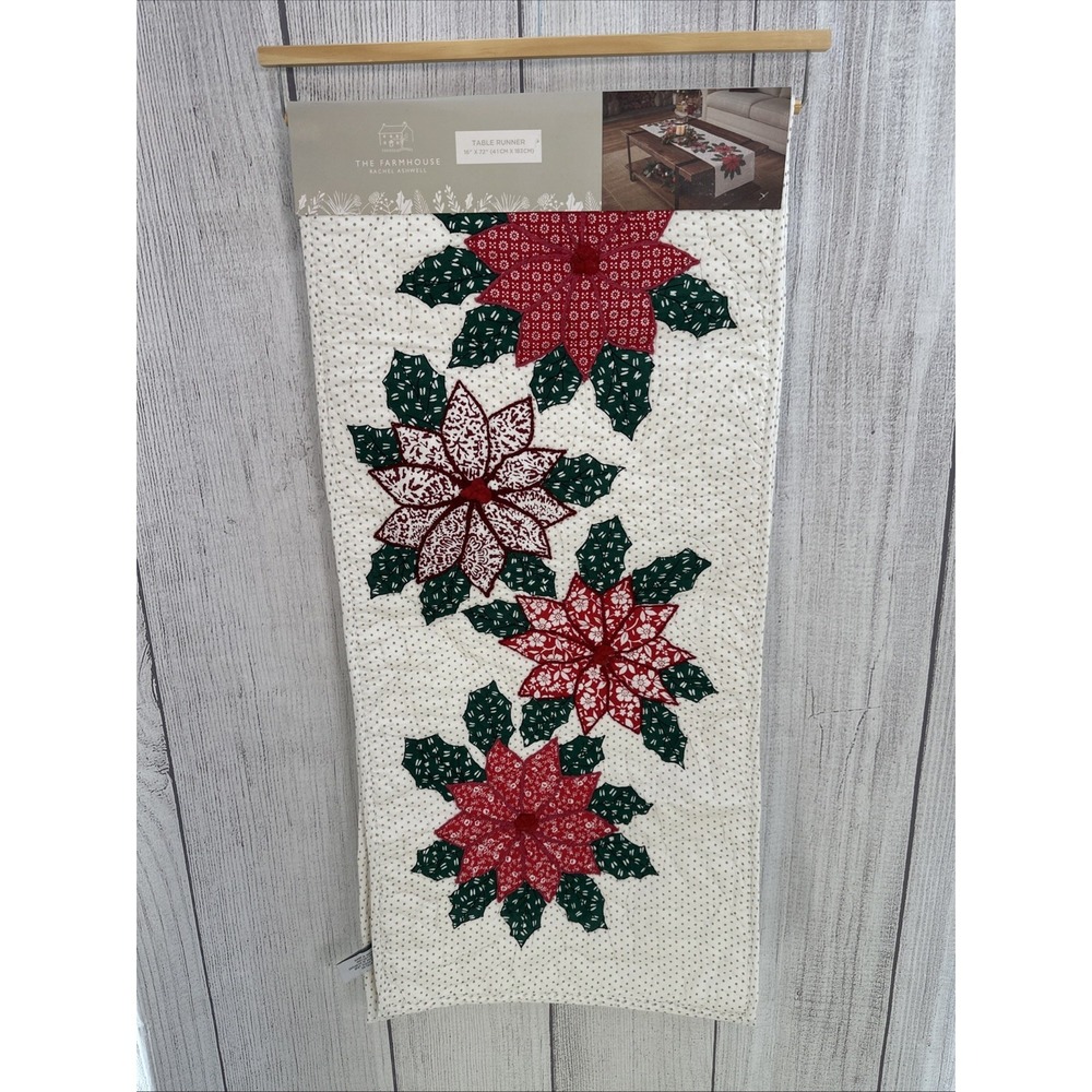 The Farmhouse Christmas Table Runner Rachel Ashwell Quilted Poinsettia Holiday